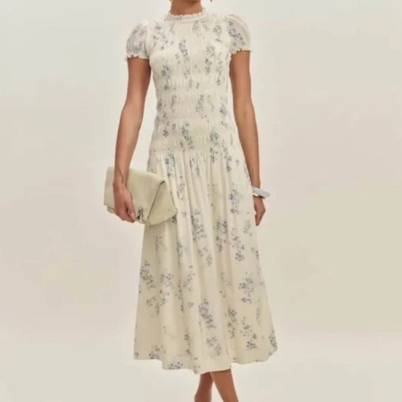 Reformation Dresses & Skirts - Reformation Kiria Midi Dress 10 Cream Floral Smocked Fairy Boho Cottagecore